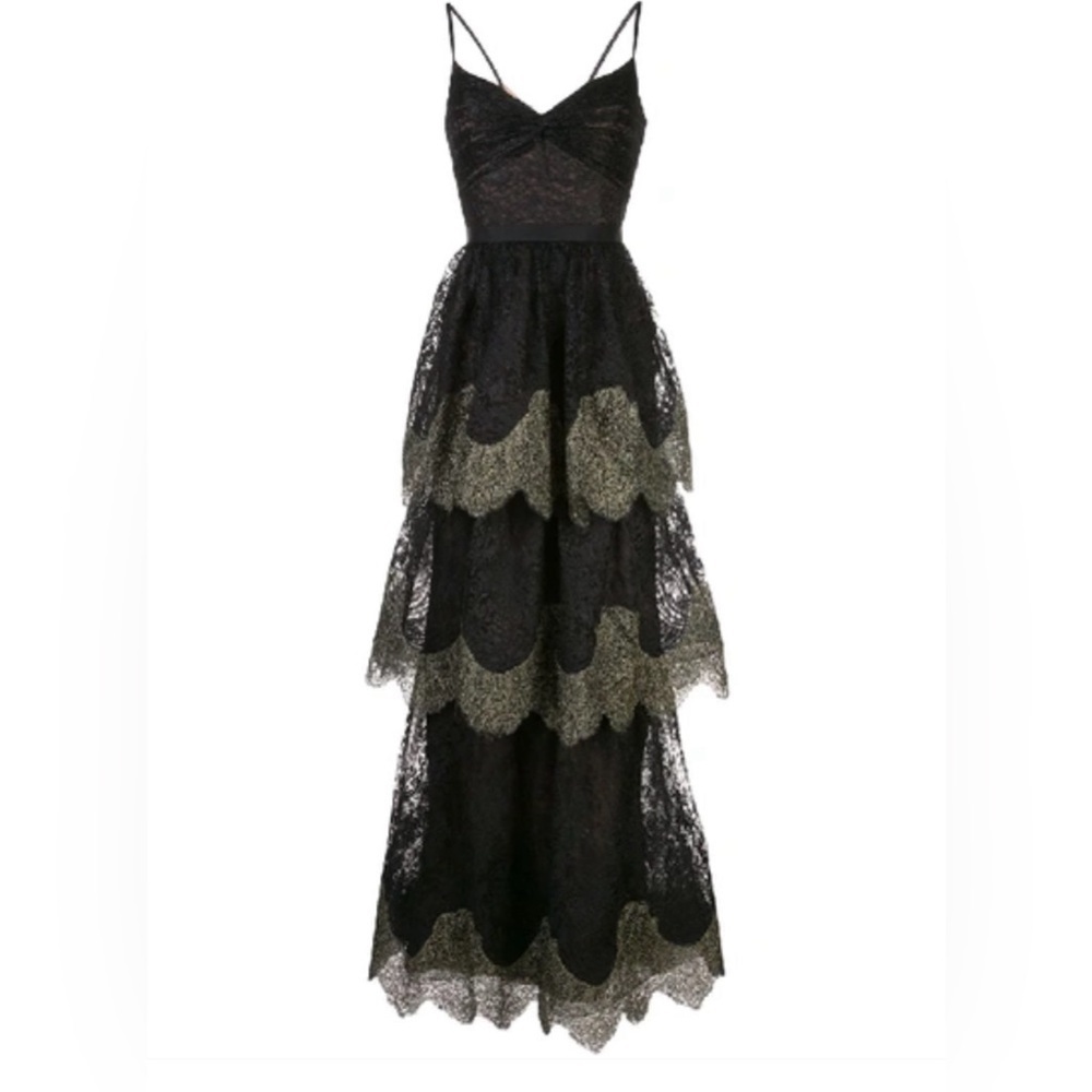 NWT MARCHESA NOTTE SLEEVELESS METALLIC SCALLOP LACE GOWN IN BLACK - Picture 2 of 11